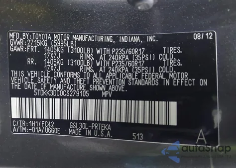 2012 Toyota Sienna Le V6 8 Passenger from USA, damaged, VIN 5TDKK3DC0CS279105